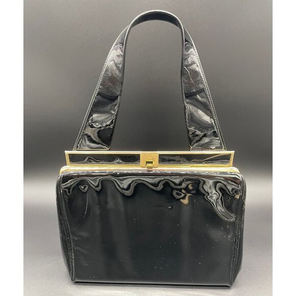 Vintage Black Patent Leather Handbag Gold Tone Memphis Cotton Carnival 1965 Card - Picture 2 of 10